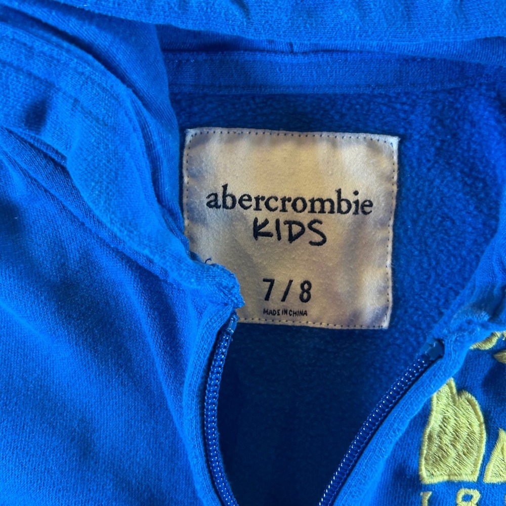Abercrombie Kids Blue Full Zip Hoodie Moose Logo A&F Sleeve Graphic Size 7/8 - Picture 2 of 9